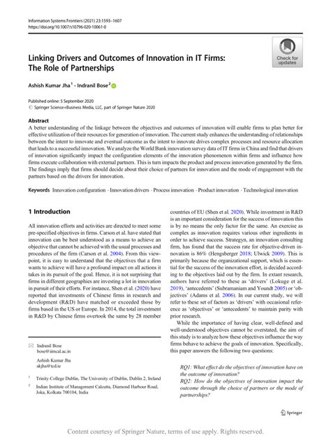 testing the impact of several drivers on the outcome|Linking Drivers and Outcomes of Innovation in IT Firms: The Role .